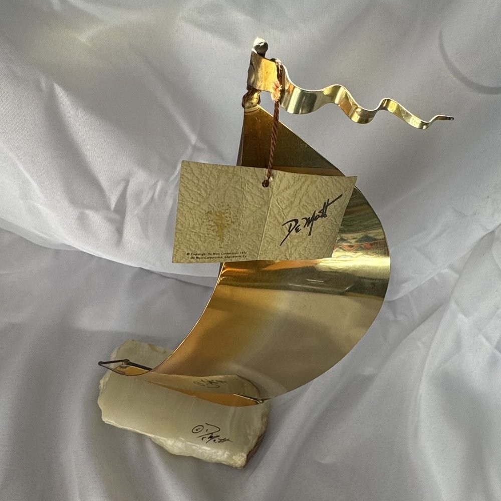 Vintage DeMott Signed Brass Metal Sail Boat Sculpture Marble Base Nautical